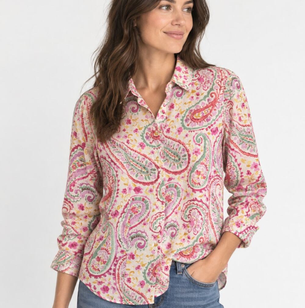 Cino Cotton Button Down Shirt Floral White Pink Medium